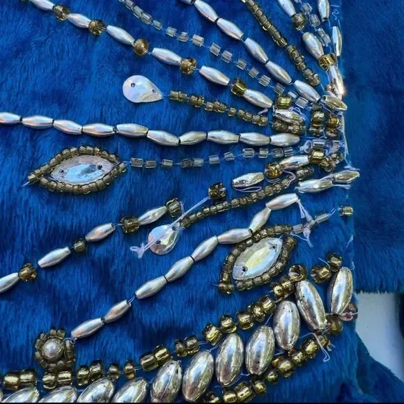 Pier 1 Imports Christmas Tree Skirt Jeweled Blue Velvet Lined Padded Large - Picture 3 of 4